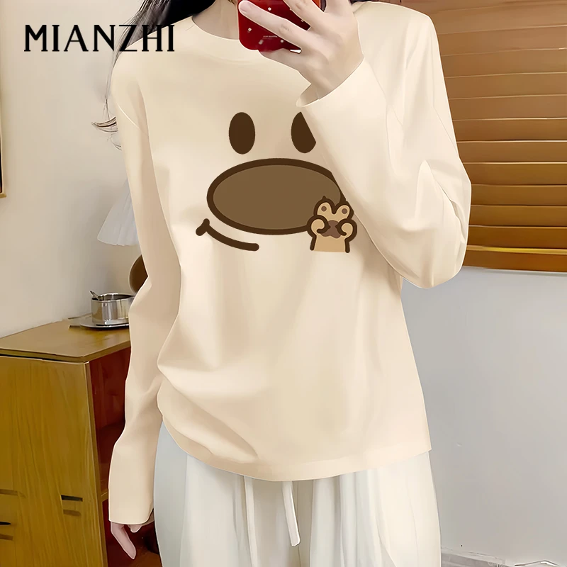 棉致米白色宽松长袖t恤2025新款青少年卡通小狗上衣宽松打底衫潮