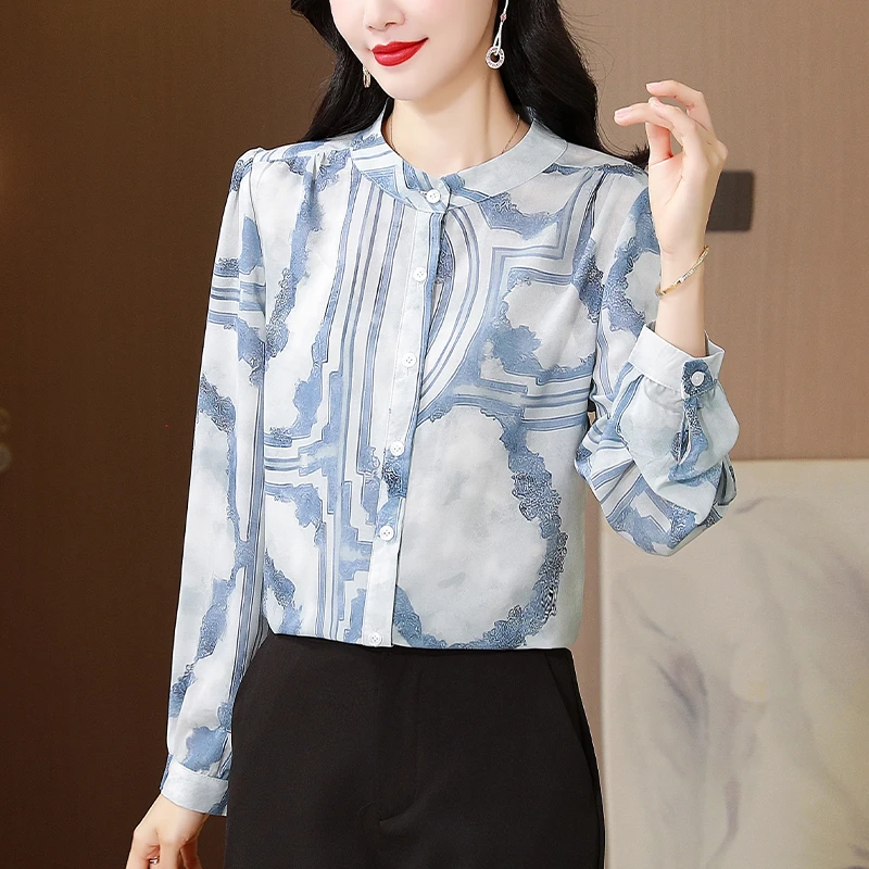 洋气妈妈秋装2025新款长袖衬衫宽松显瘦中年女士气质减龄印花上衣