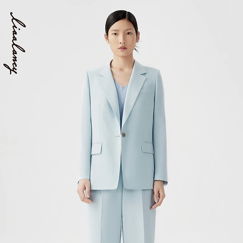 LANCY/朗姿2024夏季新款蓝色收腰通勤长袖气质西装外套女商务简约