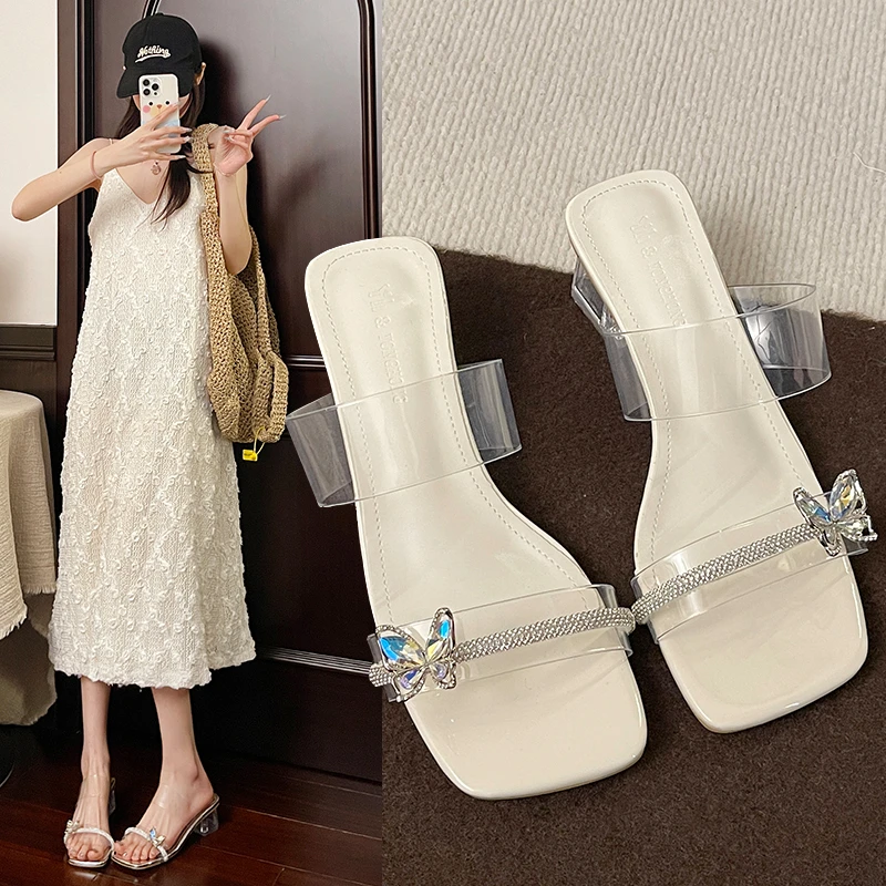 法式粗跟水晶蝴蝶结水钻厚底凉拖鞋女夏季配裙子新款时装凉鞋