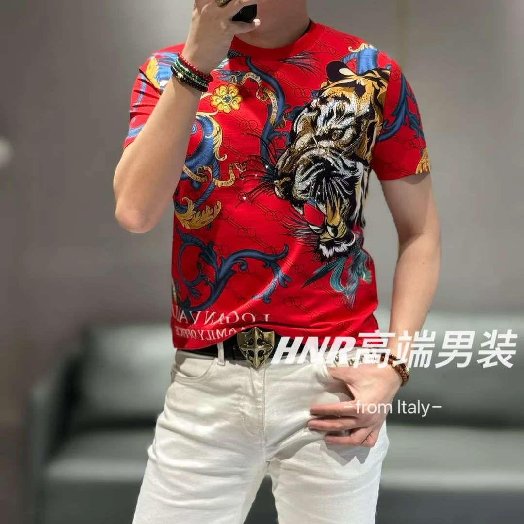 【雷迪·凯奇】品牌巴洛克风格奥钻老虎图案5色T恤6007