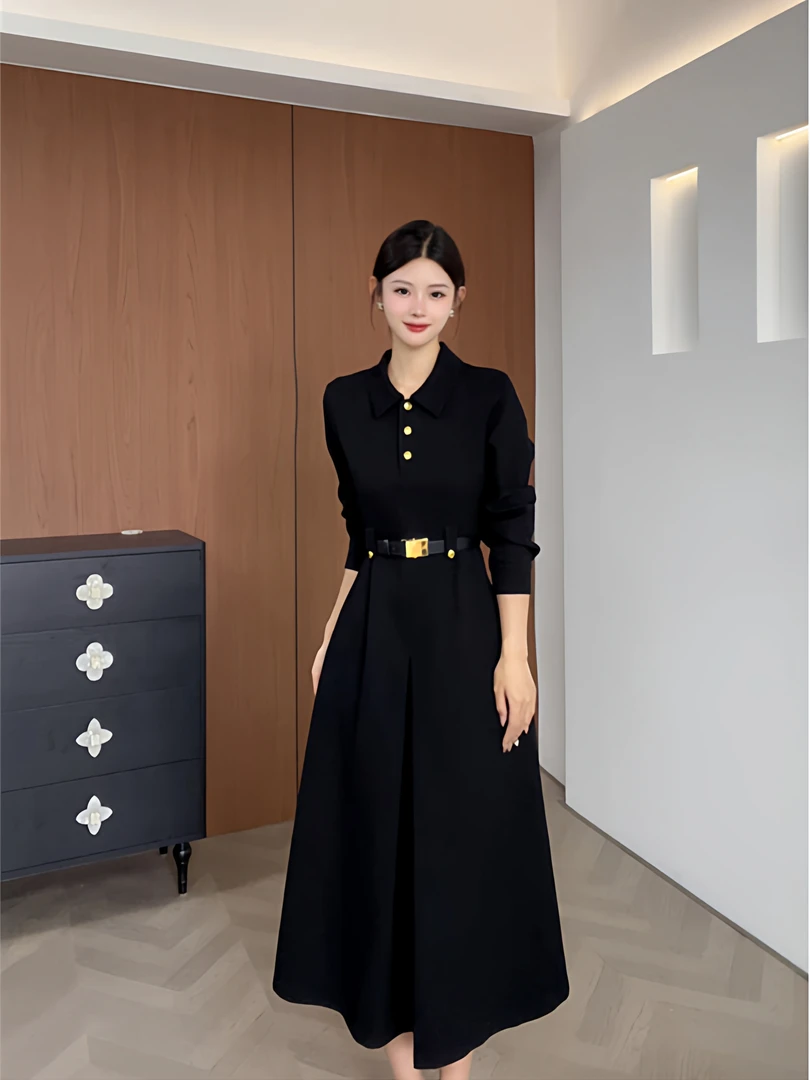 大码法式赫本风黑色收腰显瘦连衣裙春秋胖mm显瘦高级感气质长裙子