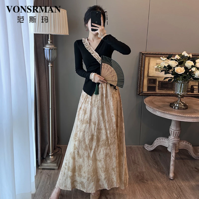 复古半身裙套装国风新中式V领拼接不规则上衣扎染设计感连衣裙潮