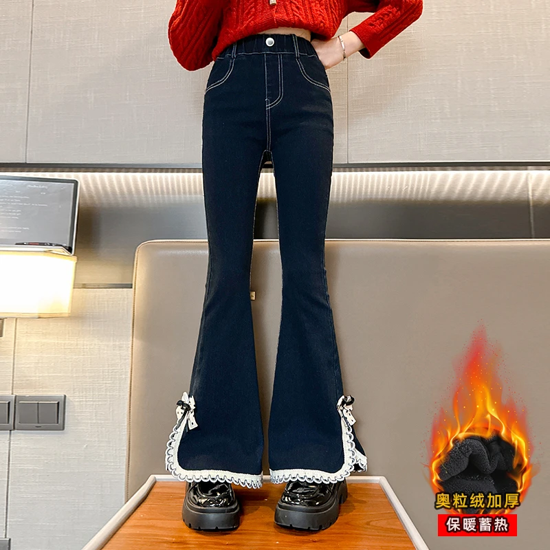 女童秋冬时尚牛仔裤2025新款蝴蝶花边喇叭裤中大童学生加绒裤子潮