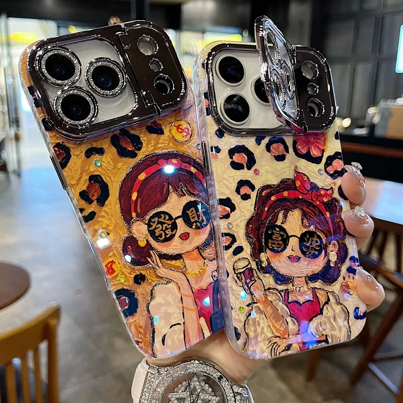 适用苹果系列iPhone17新款手机壳时尚感豹纹富婆枪色精孔镜框支架