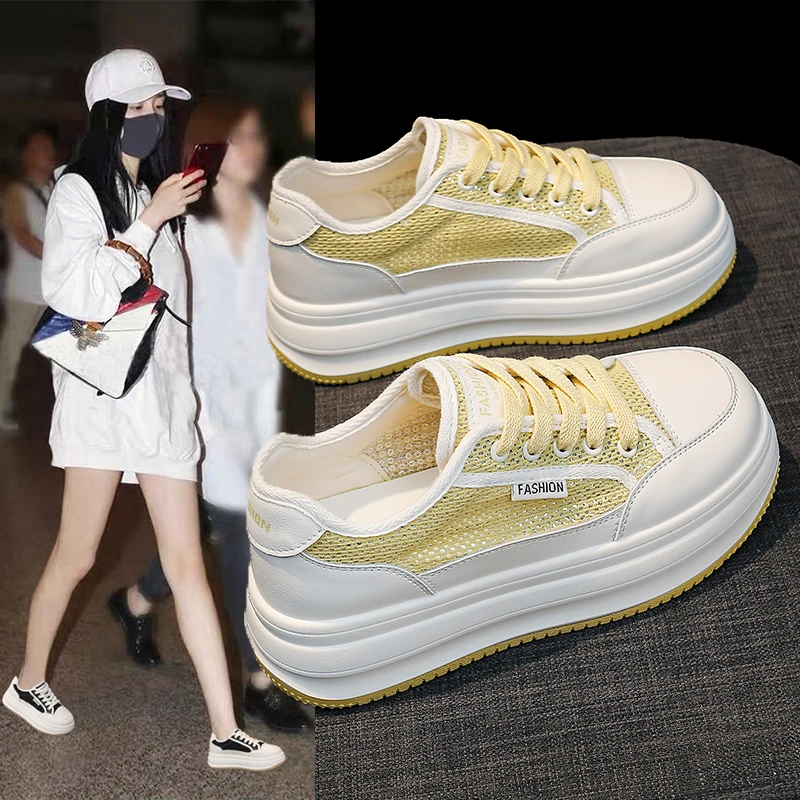 厚底松糕2025夏季新款小白鞋透气网面板鞋学生百搭韩版运动女鞋