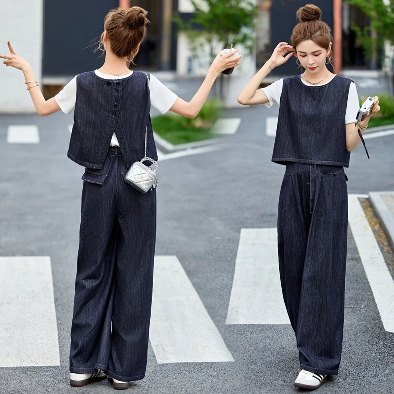 高级感牛仔套装女2025年夏季新款时尚短袖牛仔背心阔腿裤三件套