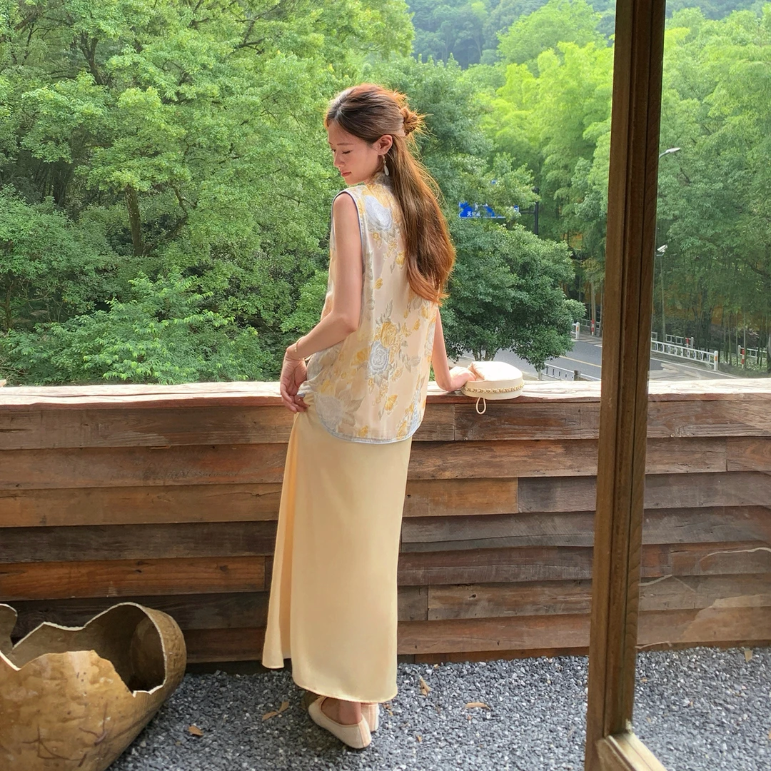 新中式国风端庄气质穿搭女2025夏季新款提花无袖上衣吊带裙两件套