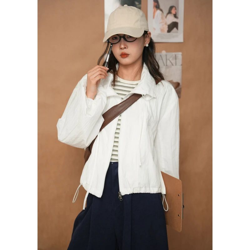 百武西“东方亮”法式抽绳系带百搭立领夹克短外套1546