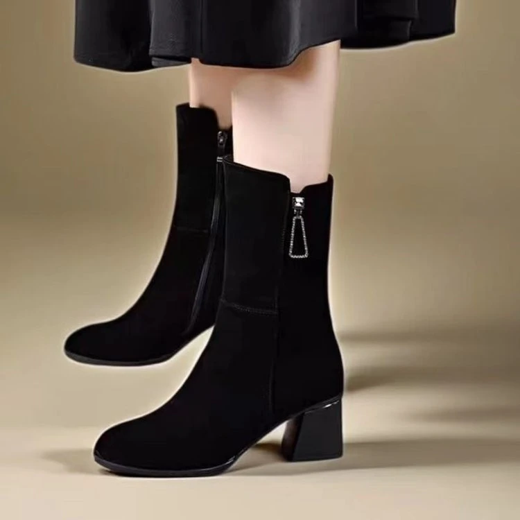 百搭加绒不累脚中筒女靴冬季时尚粗跟中跟短靴秋冬季