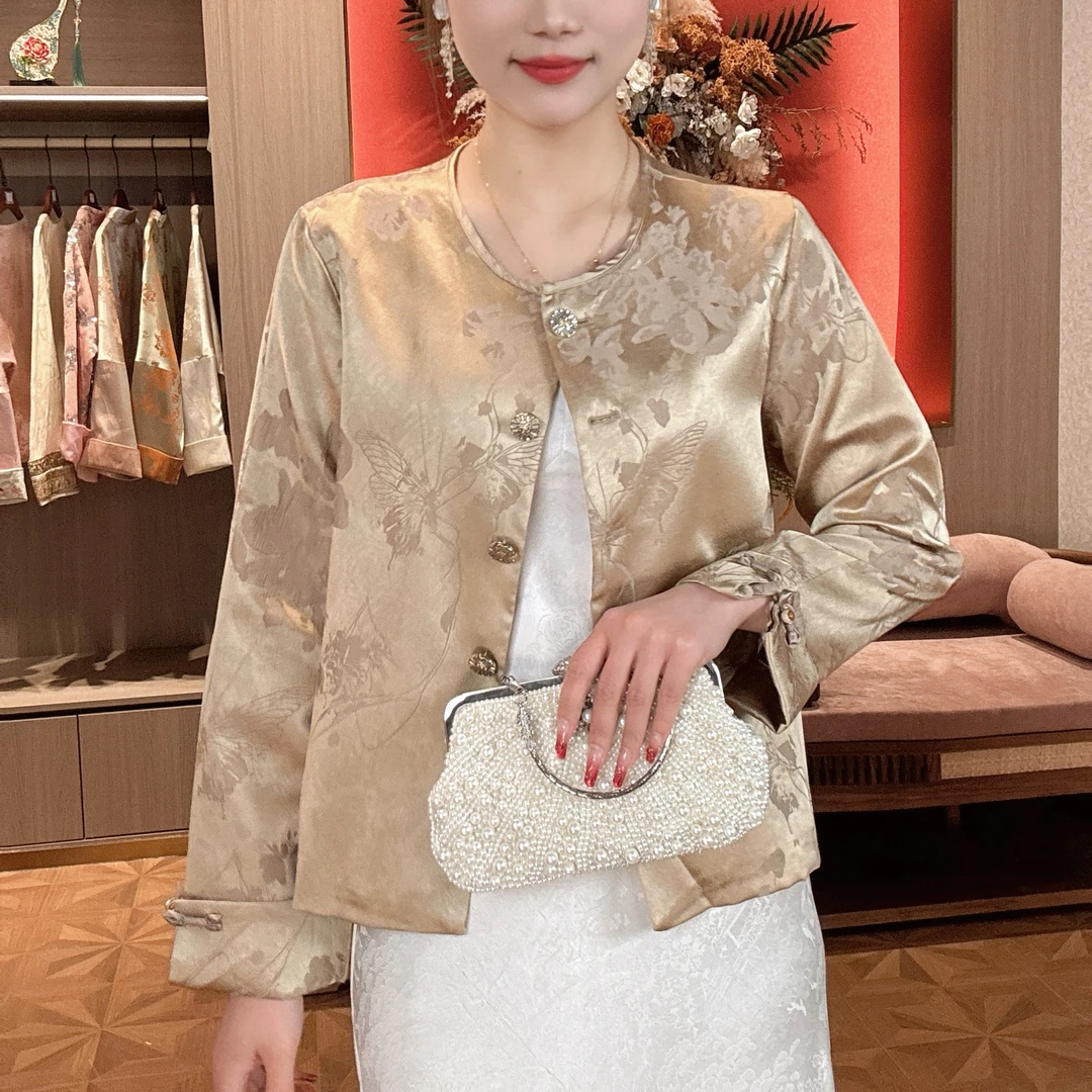 【锦岚】2025新款春季新中式上衣宽松国风提花圆领气质春秋外套女款