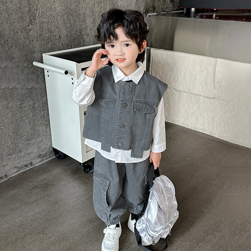 男童牛仔套装春装2025新款儿童春季马甲衬衫三件套男孩帅气春秋款