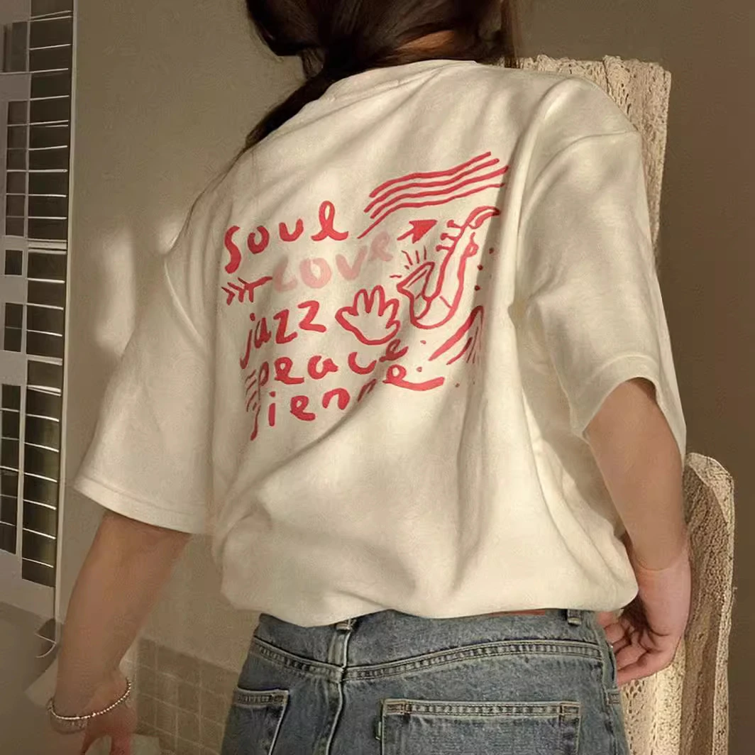 韩式短袖T恤女前后印花字母圆领白色小众设计感宽松纯棉春夏体恤