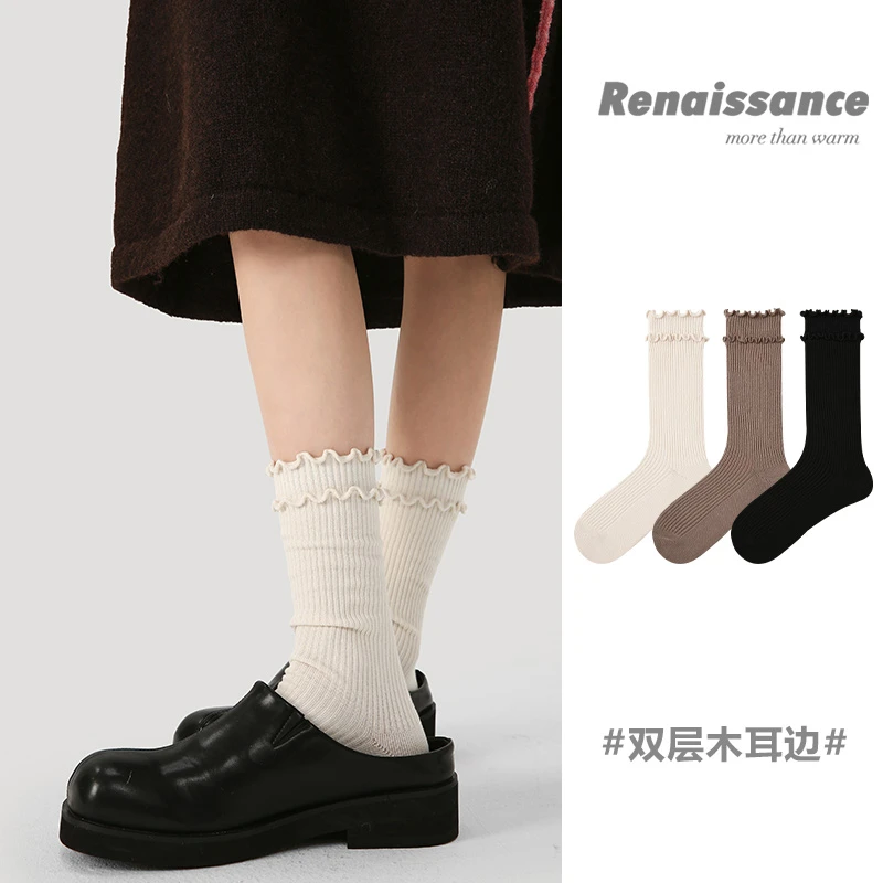 Renaissance原创双层木耳边袜子女春夏款中筒袜透气无骨长袜长筒