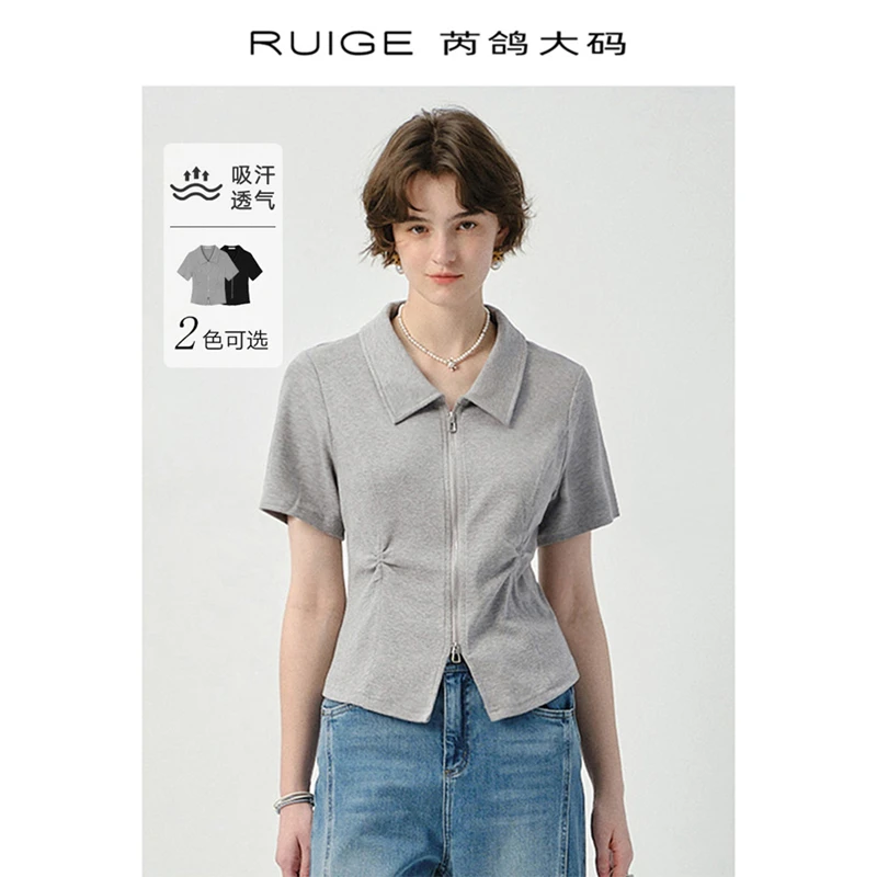 【现货】芮鸽微胖polo衫短袖t恤女2025新款拉链上衣夏季修身女装