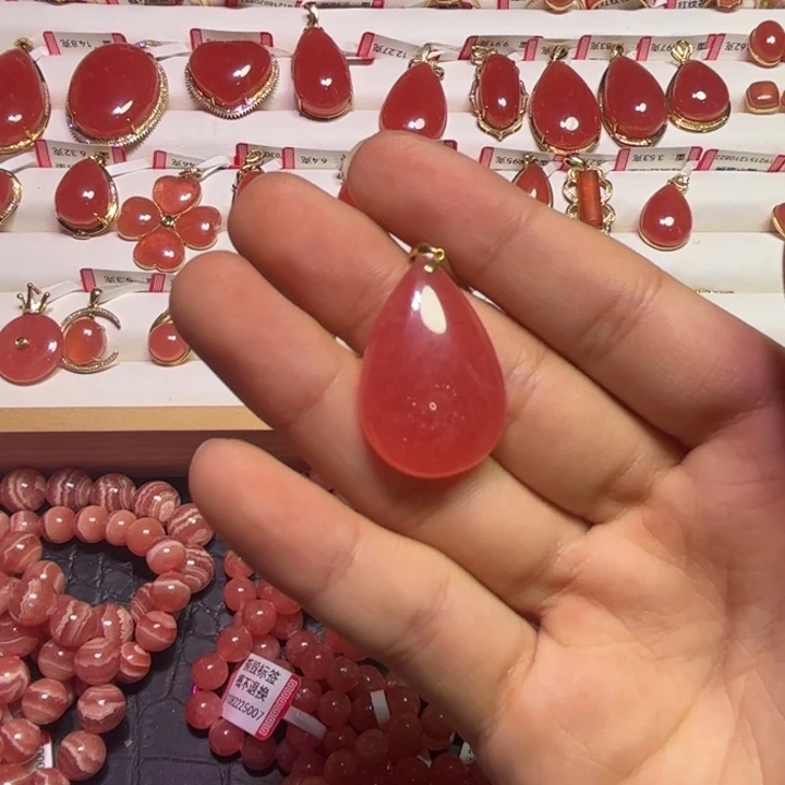 菱锰矿（红纹石）18K金镶嵌颈饰水滴吊坠6.9g