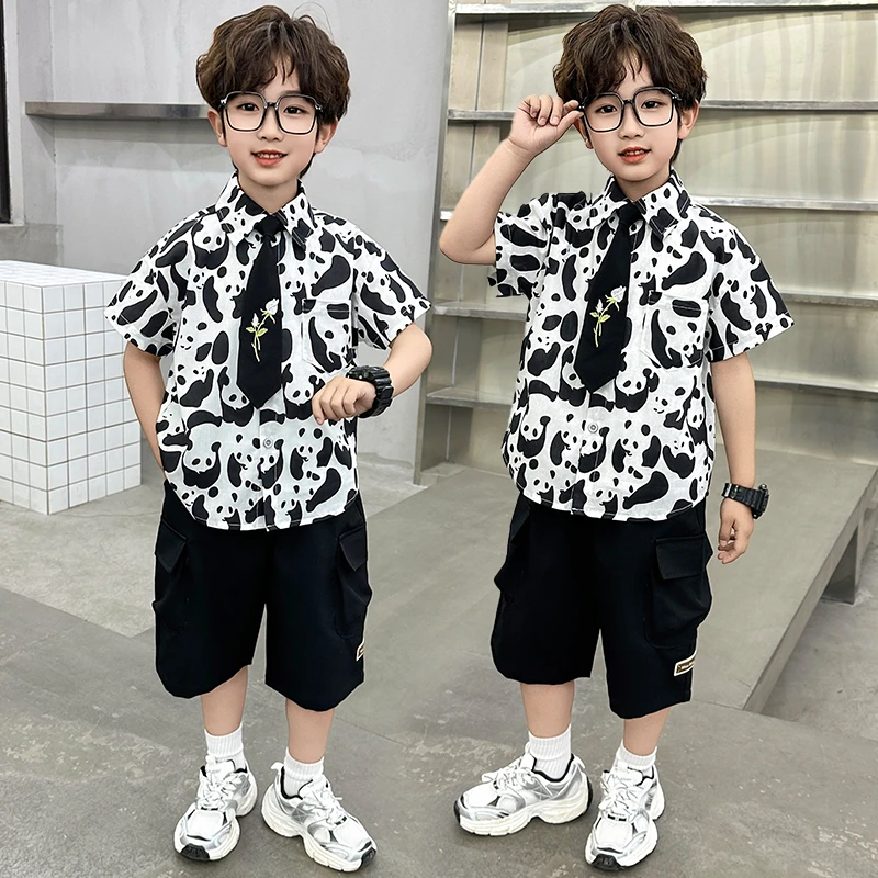 儿童夏季短袖衬衫套装中小男童碎花熊猫港风洋气衬衣短裤两件套潮