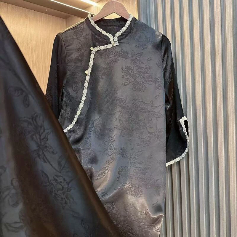 夜雨-新中式轻国风禅意超好看的黑色提花连衣裙