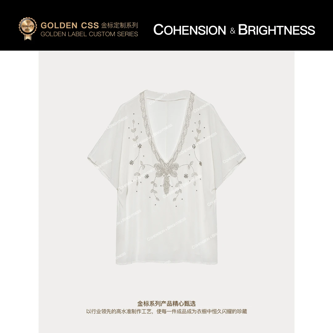 凝慧真的好【星岛坠落】V领重工钉珠烫钻时尚短袖上衣汉服CR102