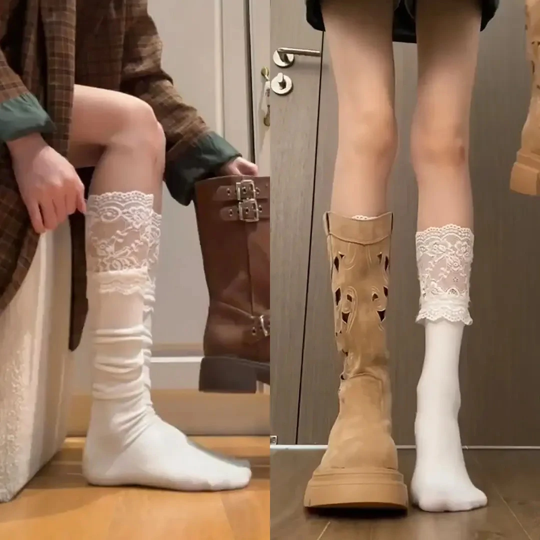 蕾丝花边小腿袜子女春秋白色过膝袜jk长袜配靴子黑简约灰色小腿袜