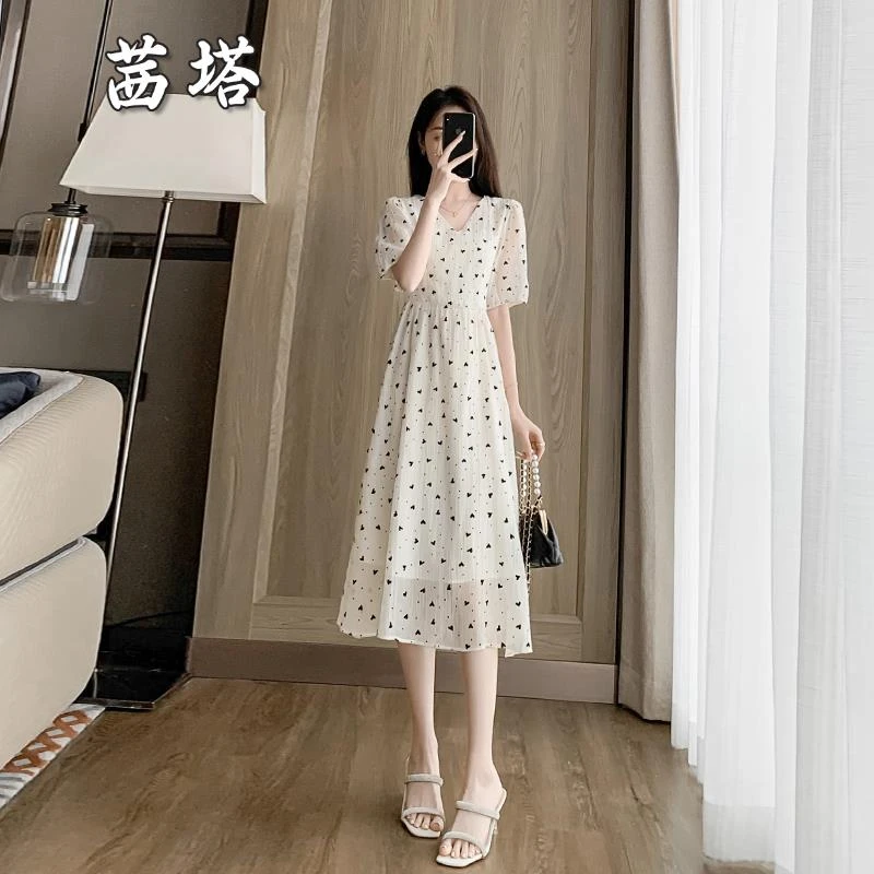 小个子白色法式雪纺连衣裙女2025新款夏季气质v领收腰显瘦a字裙子