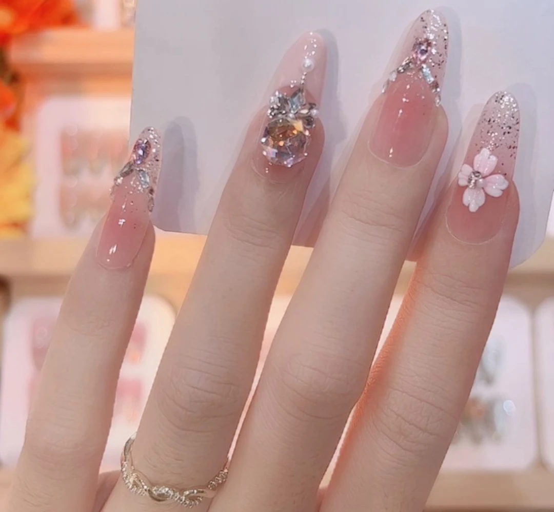 【钻光花语】纯手工猫眼光疗立体锆石钻爆闪满钻穿戴甲美甲片