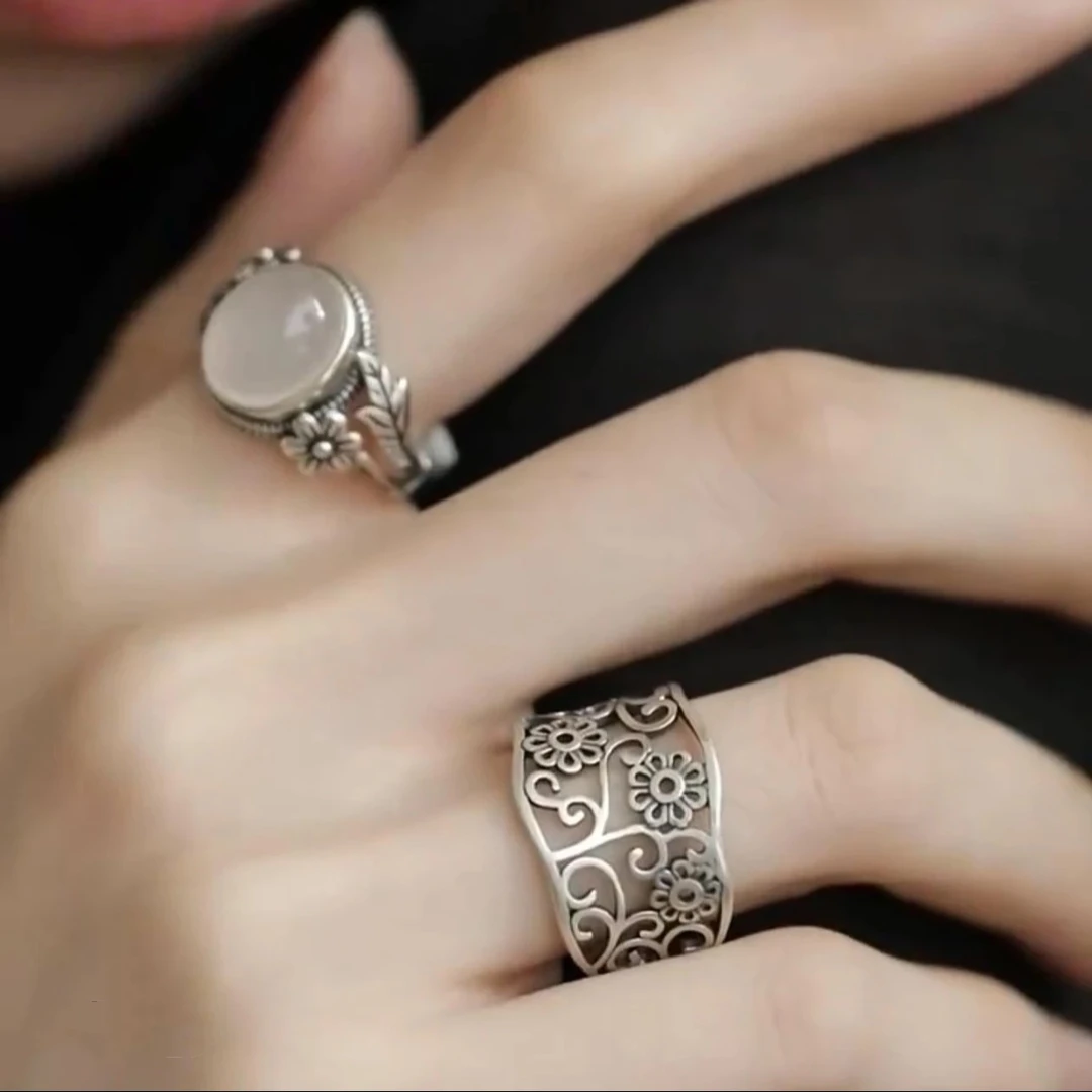 新中式戒指花朵树叶指环白月光气质开口可调节
