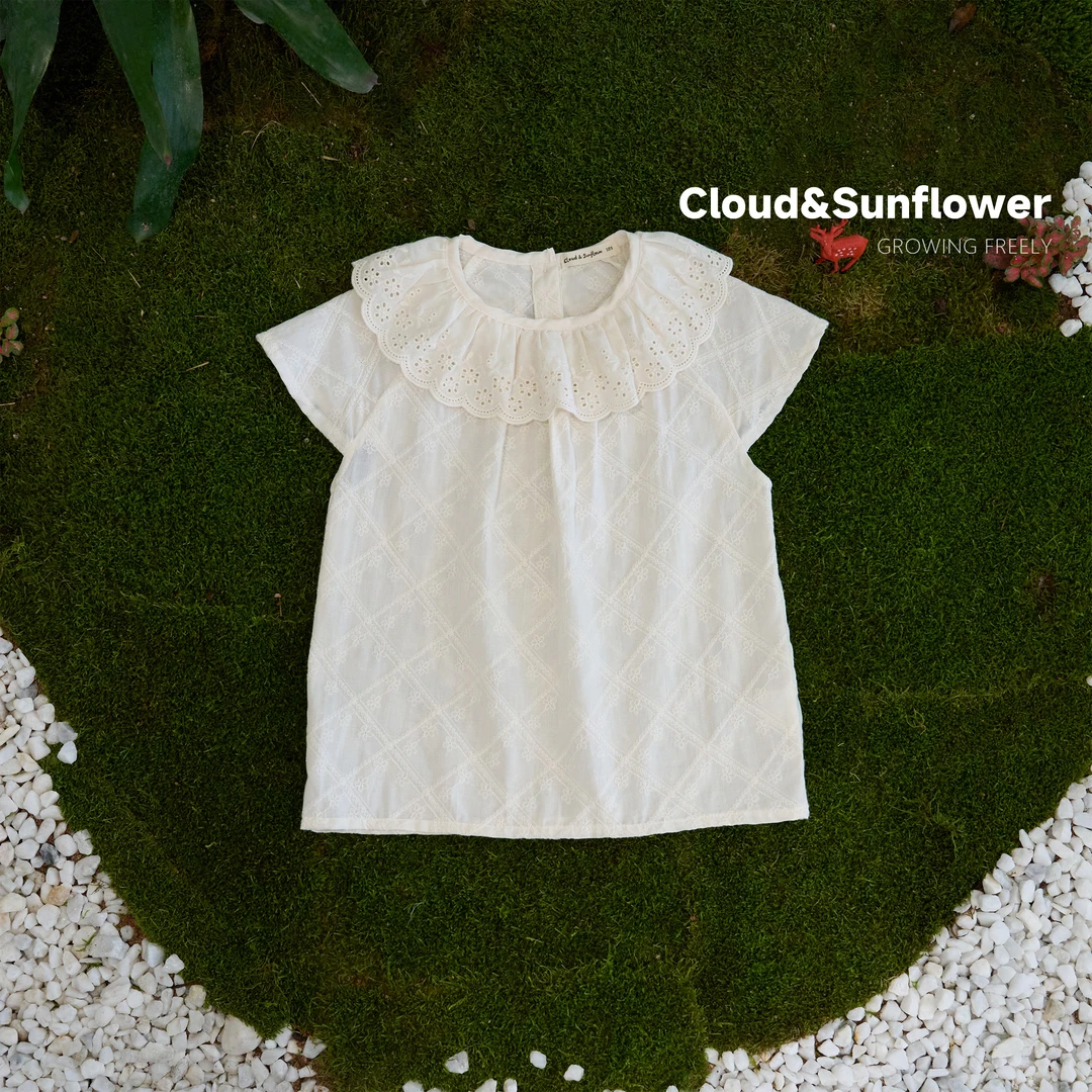【云朵小葵】女童夏季薄款透气翻领镂空蕾丝文艺休闲娃娃衫252807
