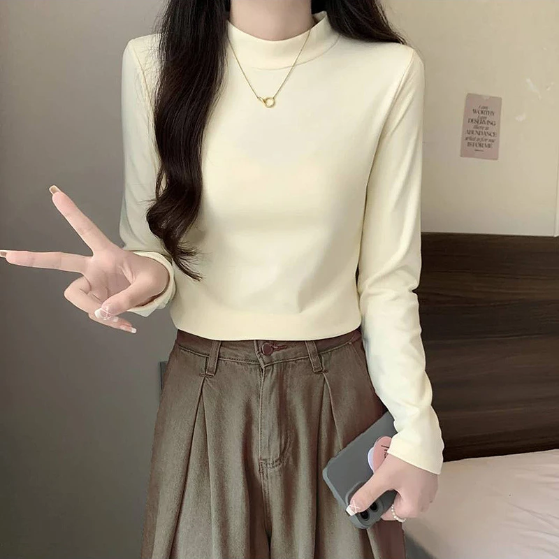 半高领双面德绒打底衫女秋冬内搭加绒加厚保暖长袖自发热紧身上衣