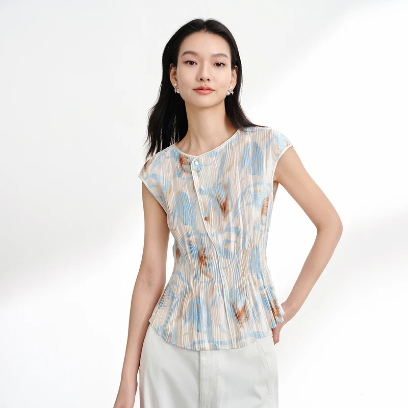 EP雅莹夏装新款 印花压褶H型罩袖修身收腰衬衫T恤小上衣5108A