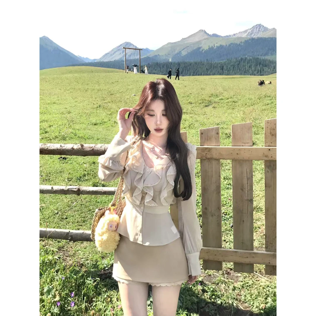 【梦游仙境】早秋收腰显瘦设计感纯欲风长袖衬衫上衣半身短裙套装女