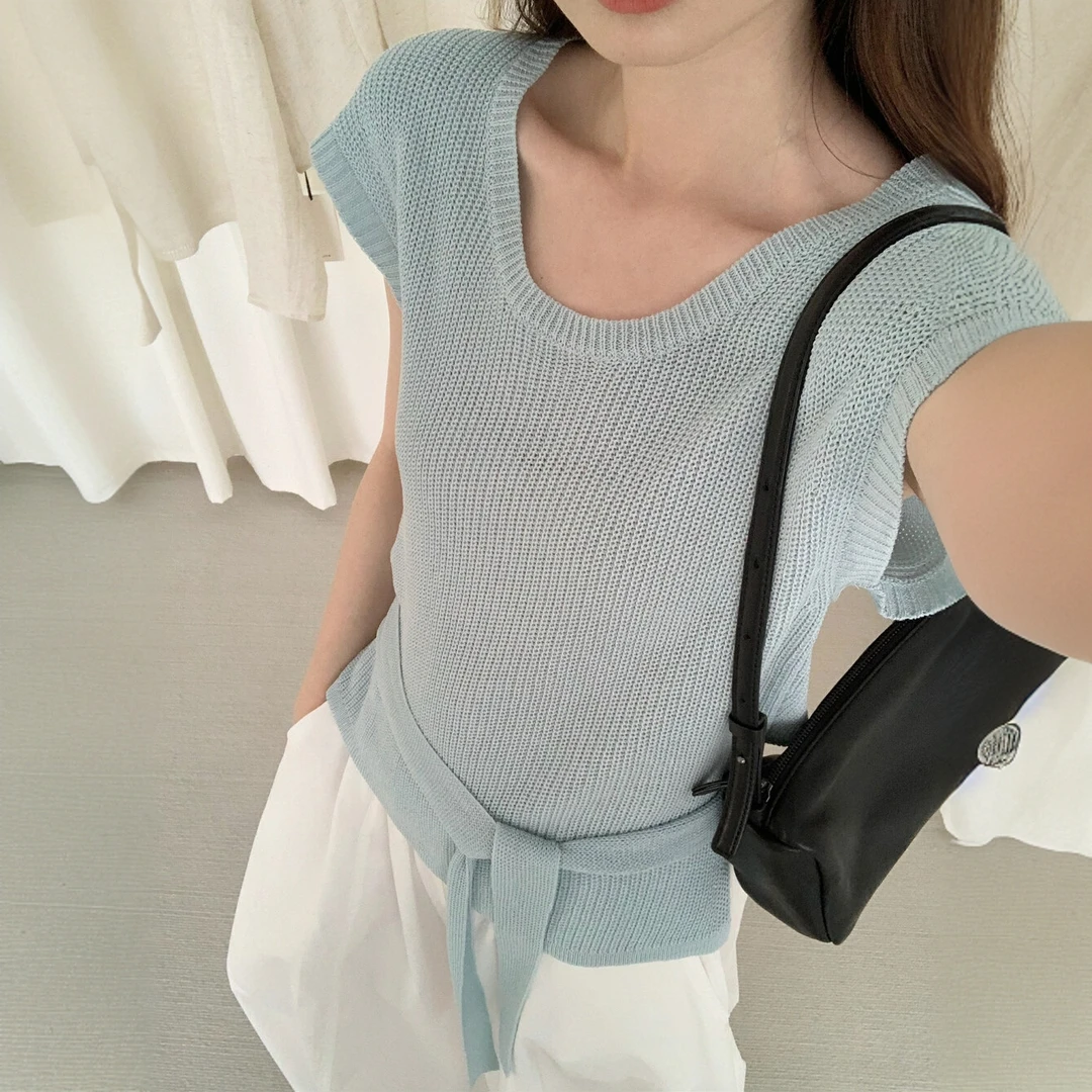 前长后短绑带设计感短袖T恤女2025夏季新款韩系大袖口显瘦针织衫