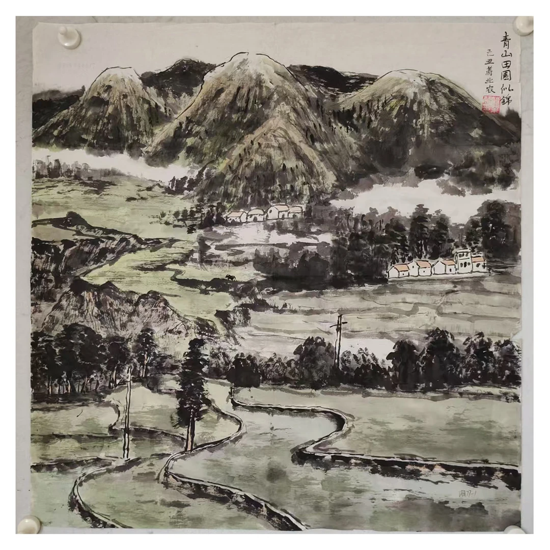 4466  纯手绘老字画《青山田园》斗方  68×68
