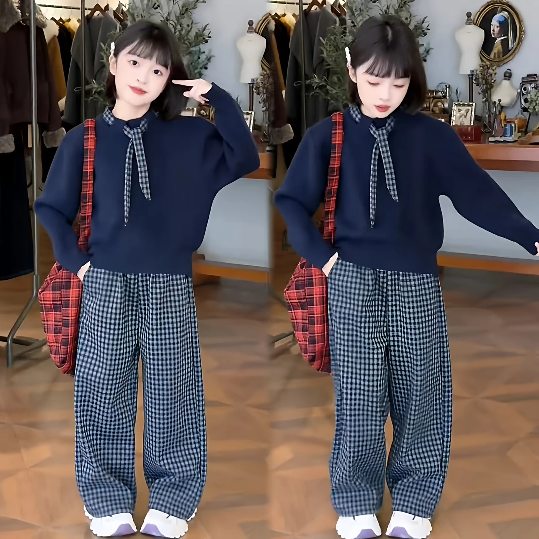 女童系带领结设计感复古高级加厚毛衣韩版加绒格子阔腿裤冬季套装