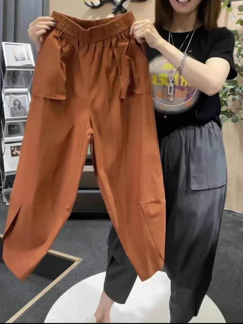 鹿奈穿搭宽松显瘦百搭裤子松紧腰裤 松紧腰宽松休闲包边裤607