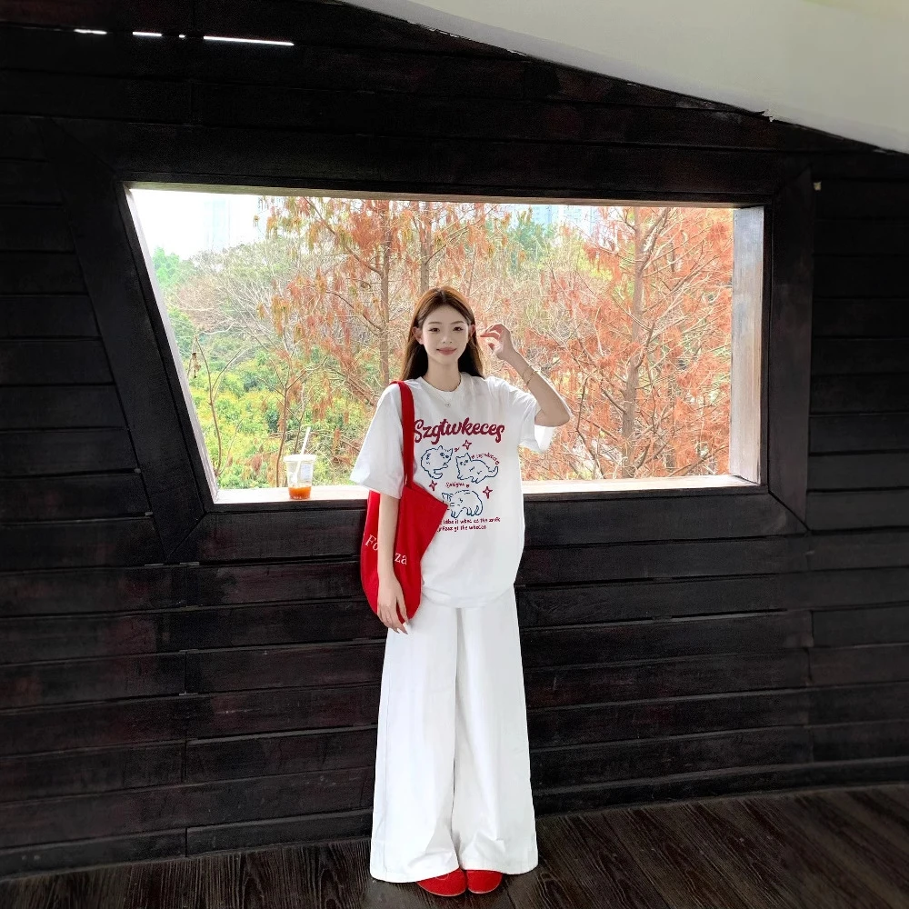 2025新款白色百搭半袖显瘦上衣女装夏季美式猫咪印花