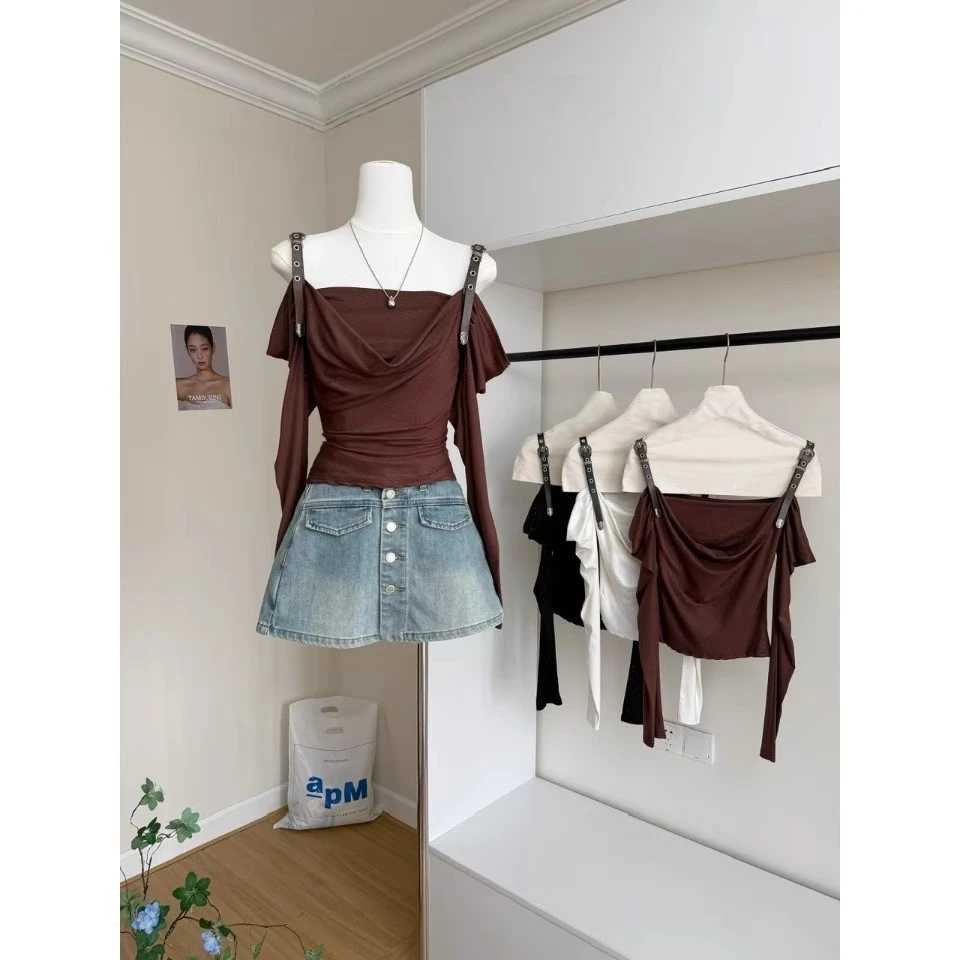 固质爆款设计感荡领皮质肩带醋酸长袖T恤女装初秋一字肩辣妹上衣