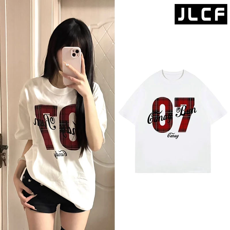 夏季新款印花ins风运动风短袖T恤白色韩版宽松百搭休闲打底小众