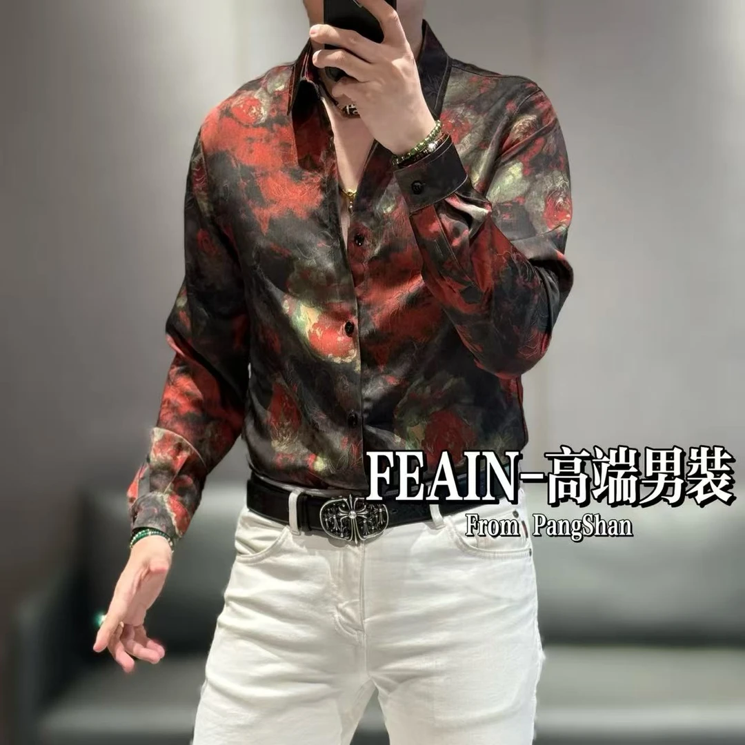 高端男士提花印花工艺复古国画风格牡丹花长袖衬衫8027