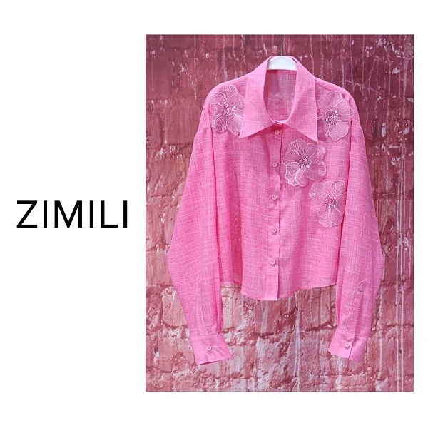 【亮哥女装】2025欧版新品玫粉色立体定花休闲气质衬衫9263-Z4