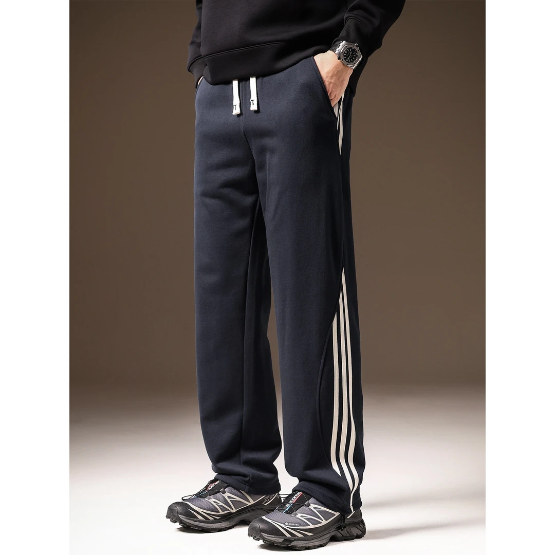 高端直筒针织运动卫裤男宽松秋冬新款条纹休闲裤