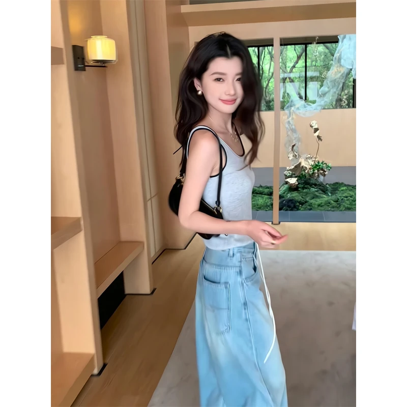 撞色针织吊带背心U领无袖修身上衣水洗蓝色高腰显瘦牛仔裤阔腿裤