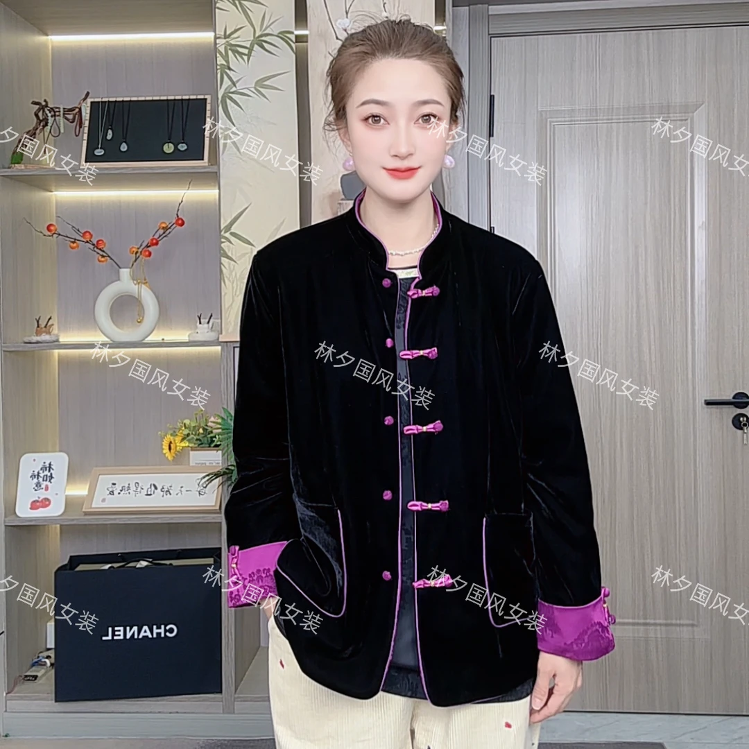 新中式冬季女装双面穿丝绒棉服新中式上衣外套