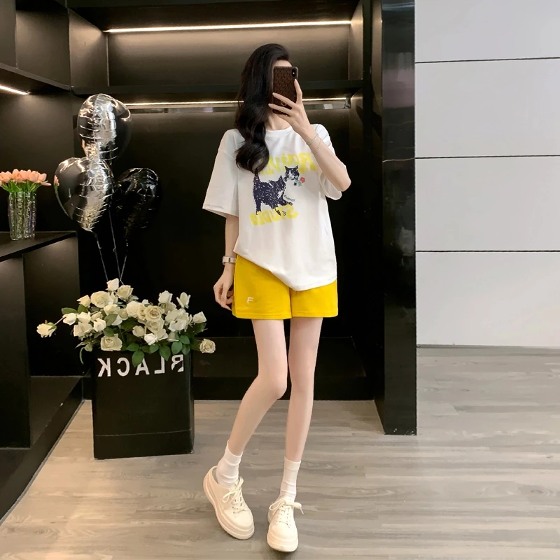 网红休闲白色短袖t恤黄色短裤套装女夏季爆款洋气女装时尚两件套