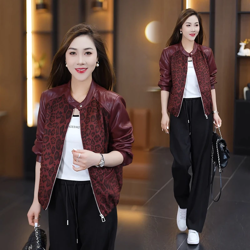 洋气豹纹皮外套女2025年春秋新款时尚减龄休闲百搭立领夹克上衣潮
