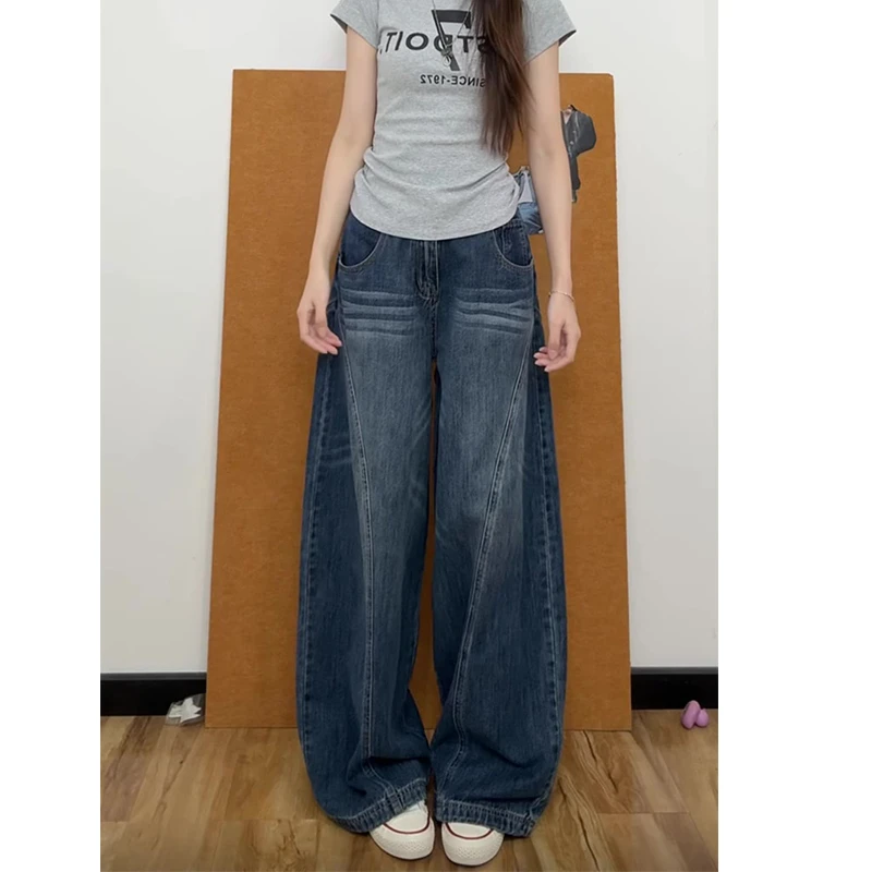 美式水洗设计感弯刀牛仔裤女2025秋季新款高个子宽松休闲阔腿长裤