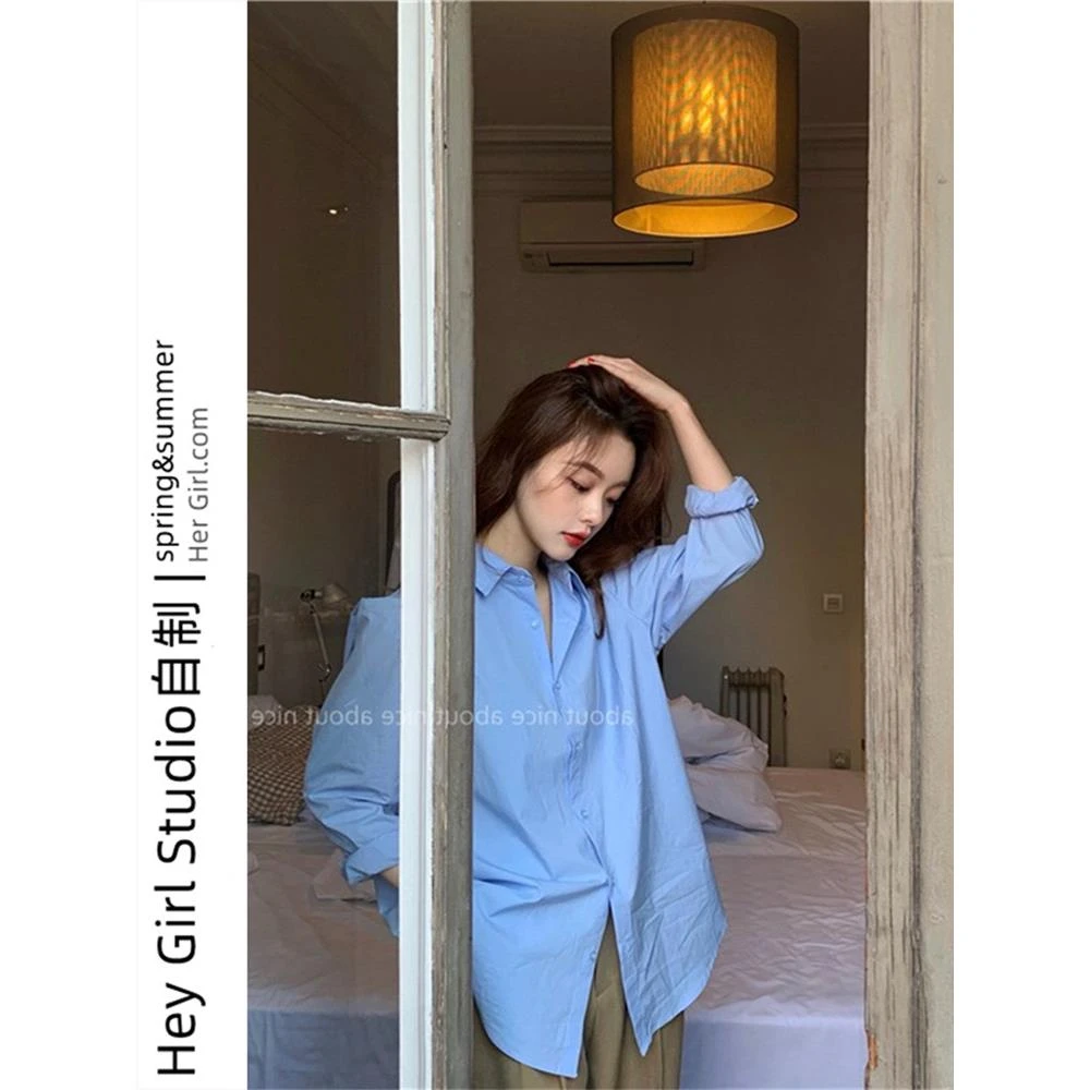 休闲韩版蓝色衬衫女纯色基础款长袖衬衣宽松显瘦叠穿上衣百搭外穿