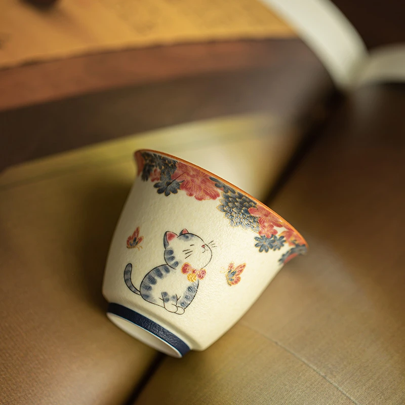 景德镇岩矿纯手工描金猫咪茶杯主人杯精致品茗杯陶瓷茶具功夫茶具