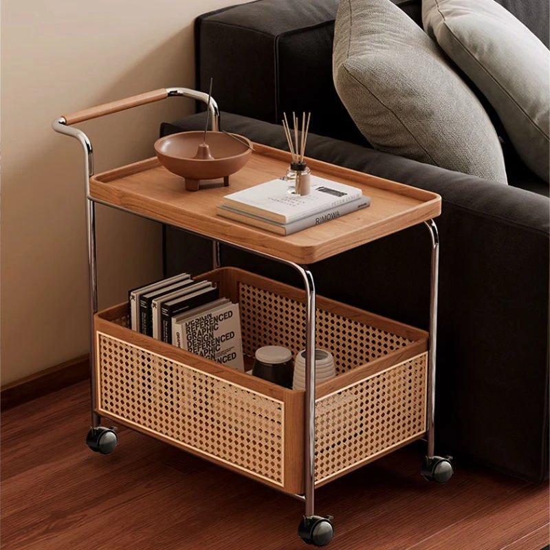 实木橡木可移动边几收纳中古小推车客厅沙发储物置物架藤编简约