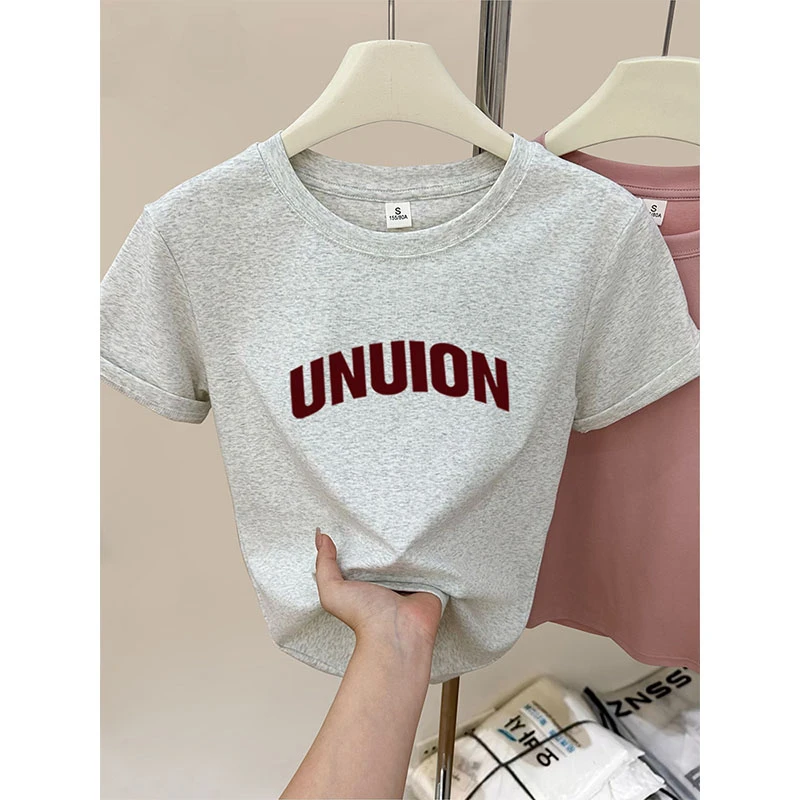 2025新款正肩浅花灰色圆领短袖t恤女时尚百搭上衣显瘦打底衫夏季